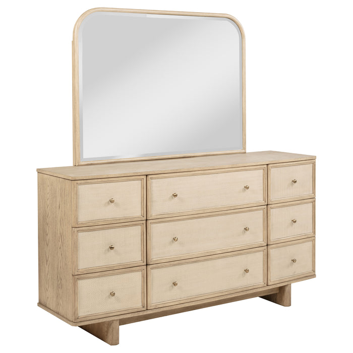 Beige oak Kailani 9-drawer dresser with matching mirror, modern furniture piece from CoasterEveryday showing clean lines and spacious storage.