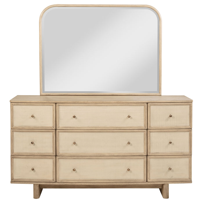 Beige oak Kailani 9-drawer dresser with matching mirror from CoasterEveryday, showcasing wood grain and sleek modern design.