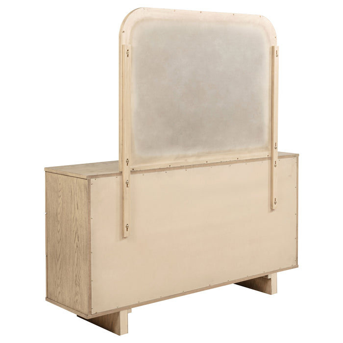 Beige oak Kailani 9-drawer dresser with mirror by CoasterEveryday, showcasing ample storage and elegant furniture design.