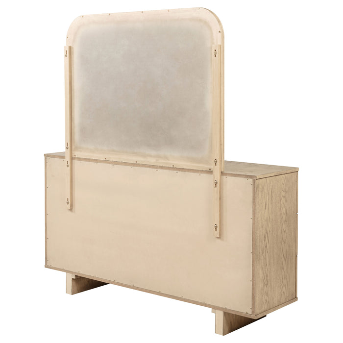 Beige oak Kailani 9-drawer dresser with matching mirror by CoasterEveryday, showing the spacious drawers and elegant furniture design.