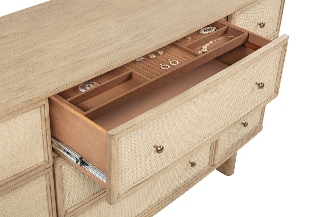 Kailani beige oak 9-drawer dresser with matching mirror, wooden furniture piece with sleek handles and spacious storage.