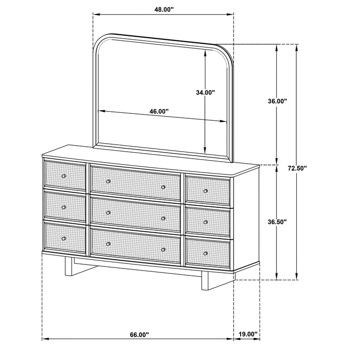 Beige oak Kailani 9-drawer dresser with matching mirror, modern furniture piece by CoasterEveryday, showing the full setup.