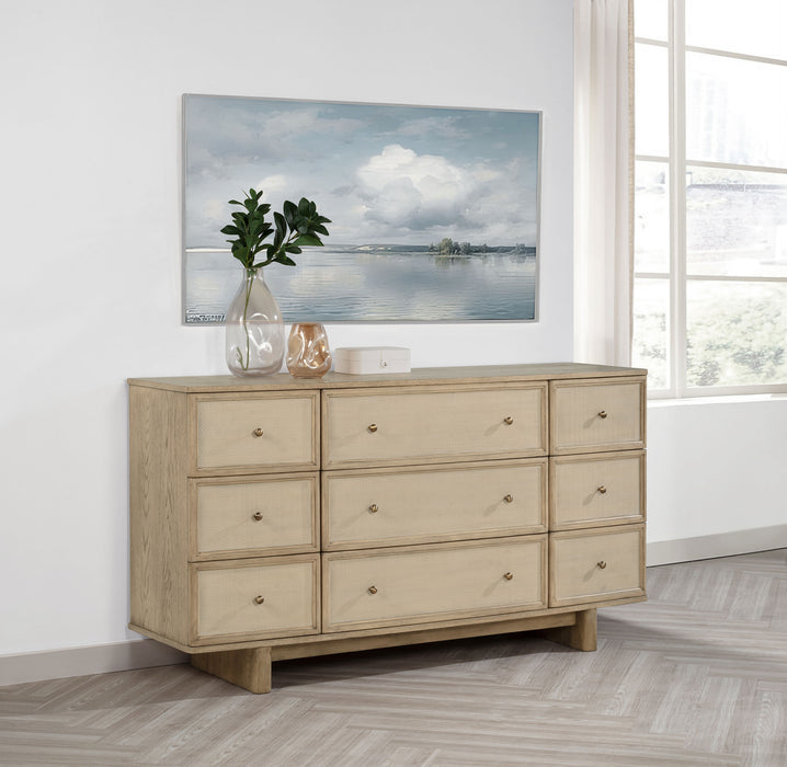 CoasterEveryday Kailani 9-drawer beige oak dresser cabinet with sleek wood finish and ample storage drawers.