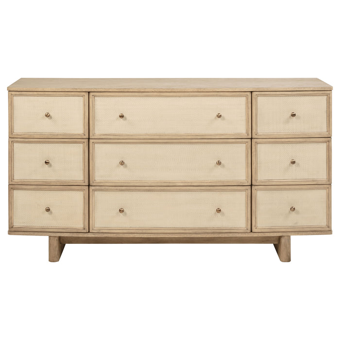 Beige oak Kailani 9-drawer dresser cabinet by CoasterEveryday, showing a spacious furniture piece with sleek drawer handles.