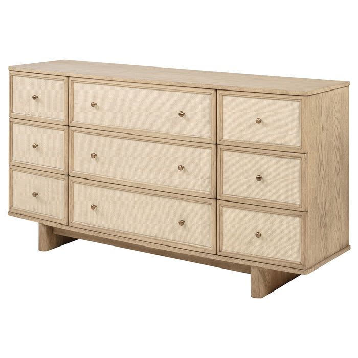 Kailani beige oak 9-drawer dresser cabinet by CoasterEveryday, showing a spacious furniture piece with sleek drawer handles and wood finish.