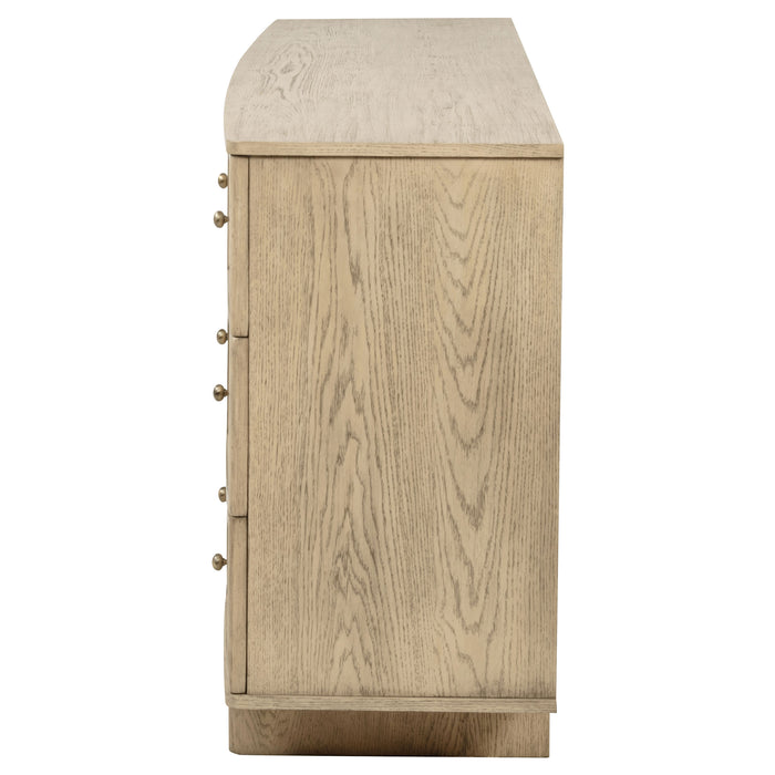 Beige oak Kailani 9-drawer dresser cabinet by CoasterEveryday, featuring sleek drawers and modern furniture design.