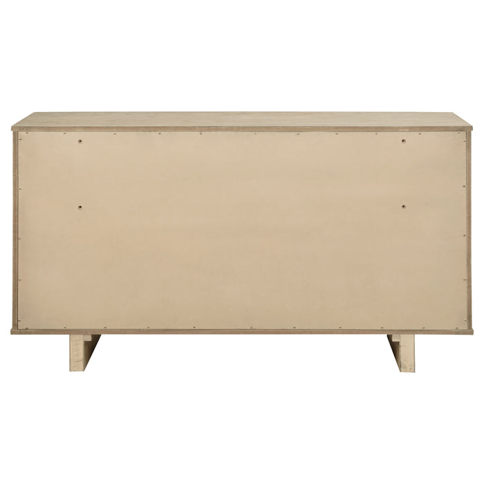 Beige oak Kailani 9-drawer dresser cabinet by CoasterEveryday, showcasing a spacious storage solution with sleek drawer handles.