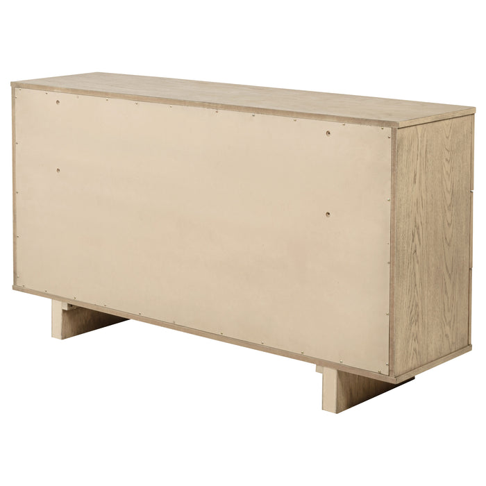 Beige oak Kailani 9-drawer dresser cabinet by CoasterEveryday with sleek wooden handles and spacious storage drawers.