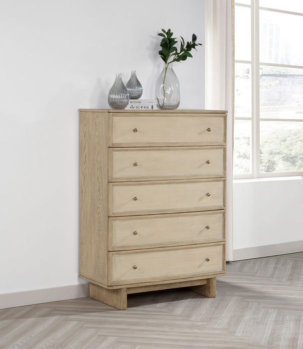 CoasterEveryday Kailani beige oak 5-drawer bedroom chest of drawers showing sleek wooden finish and modern storage design.
