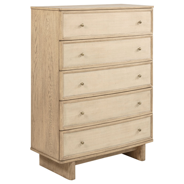 Kailani beige oak 5-drawer bedroom chest of drawers by CoasterEveryday, showing the furniture's front view with sleek drawer handles.