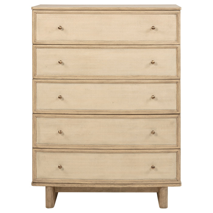Beige oak Kailani 5-drawer bedroom chest of drawers by CoasterEveryday, showing a modern furniture piece with sleek handles.