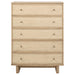 Beige oak Kailani 5-drawer bedroom chest of drawers by CoasterEveryday, showing a modern furniture piece with sleek handles.