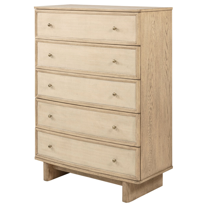 Kailani beige oak 5-drawer bedroom chest of drawers by CoasterEveryday, showing a sturdy wooden furniture piece with sleek drawer handles.