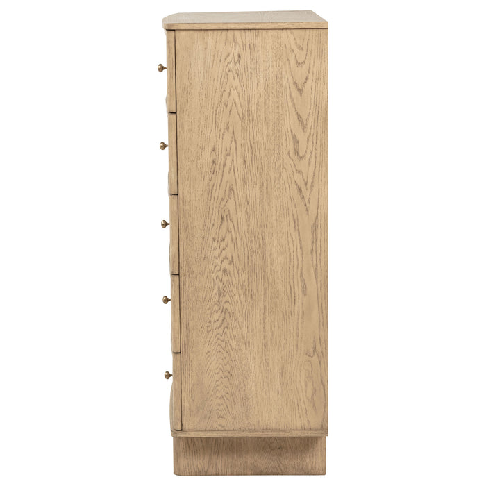 CoasterEveryday Kailani beige oak 5-drawer bedroom chest of drawers, showcasing a modern wooden furniture piece with sleek handles.