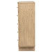 CoasterEveryday Kailani beige oak 5-drawer bedroom chest of drawers, showcasing a modern wooden furniture piece with sleek handles.