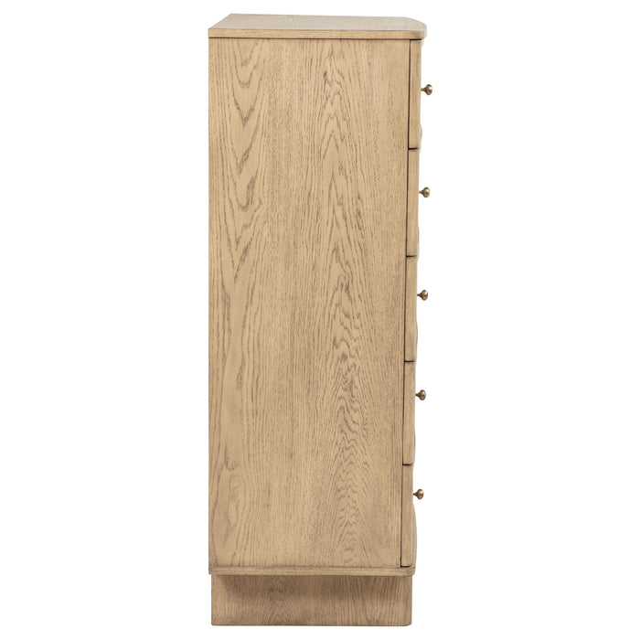 CoasterEveryday Kailani beige oak 5-drawer bedroom chest of drawers with sleek modern design and wooden finish.