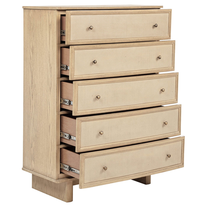 CoasterEveryday Kailani beige oak 5-drawer bedroom chest of drawers with sleek handles and modern design.