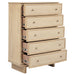 CoasterEveryday Kailani beige oak 5-drawer bedroom chest of drawers with sleek handles and modern design.