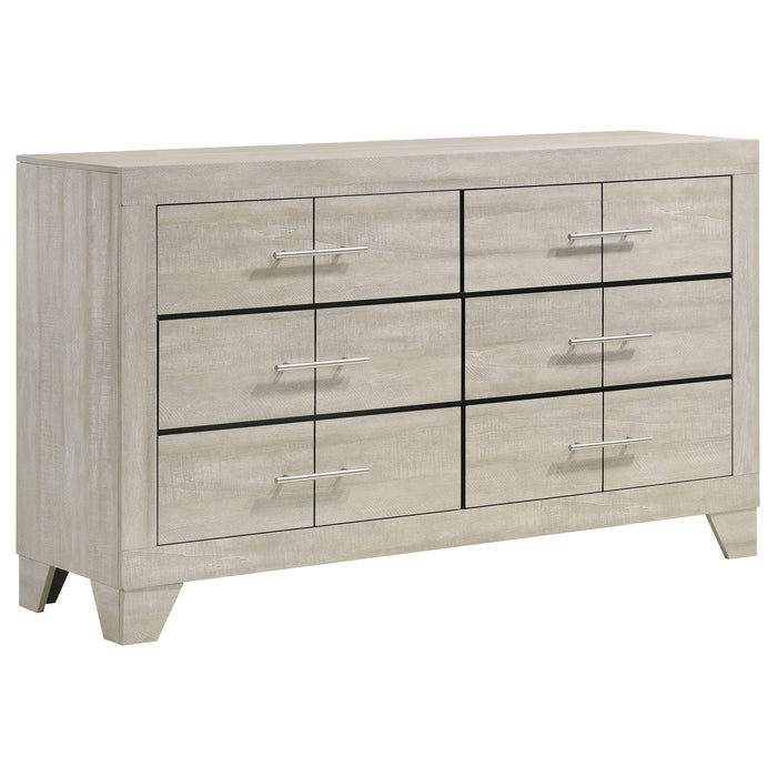 CoasterEveryday Trenton 4-piece Eastern King bedroom set with rustic cream finish, including bed frame, nightstands, and dresser.