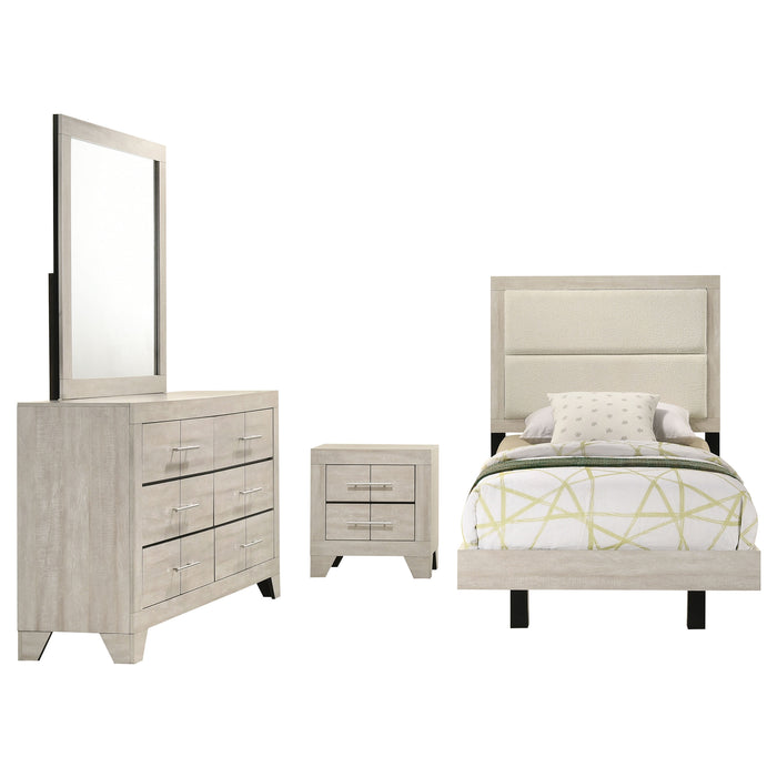 Rustic cream Trenton 4-piece twin bedroom furniture set by CoasterEveryday, including bed, dresser, nightstands, and mirror.