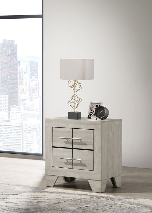 Rustic cream CoasterEveryday Trenton 2-drawer nightstand with wooden finish and metal handles, perfect for bedside storage.