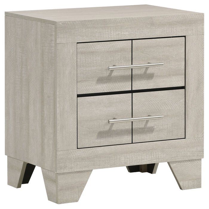 Rustic cream Trenton 2-drawer nightstand with wooden finish, featuring modern hardware, ideal as a bedside table or bedroom furniture.