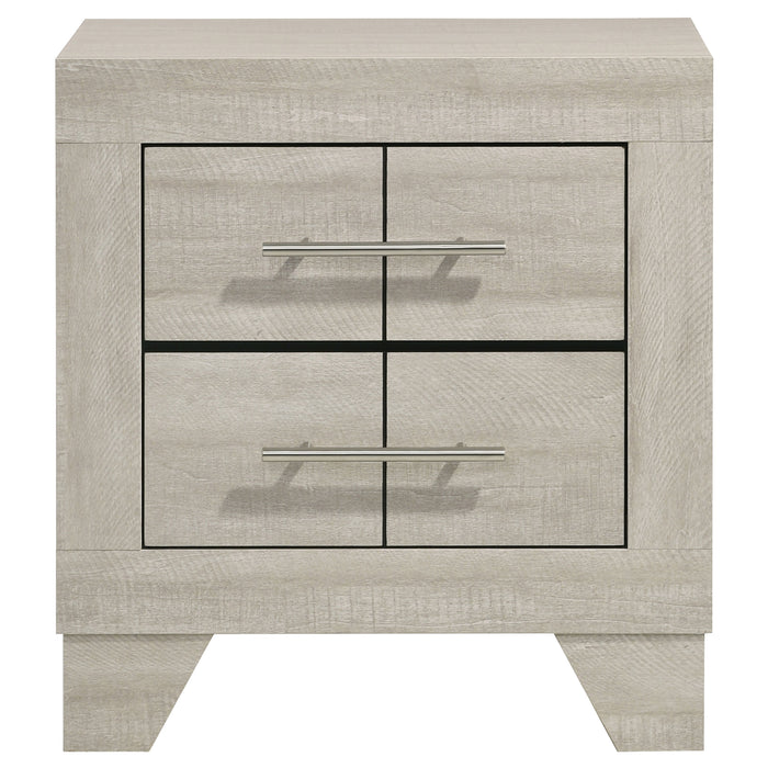 Rustic cream Trenton 2-drawer nightstand by CoasterEveryday, showing a wooden bedside table with metal handles and a classic design.