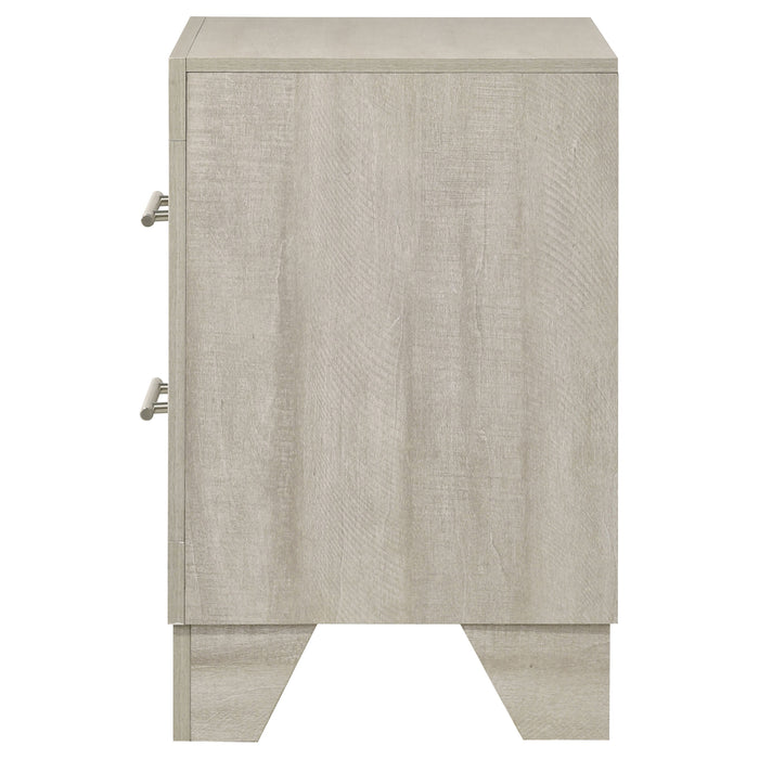 Rustic cream Trenton 2-drawer nightstand by CoasterEveryday, showing wooden furniture with metal handles and a sturdy design.