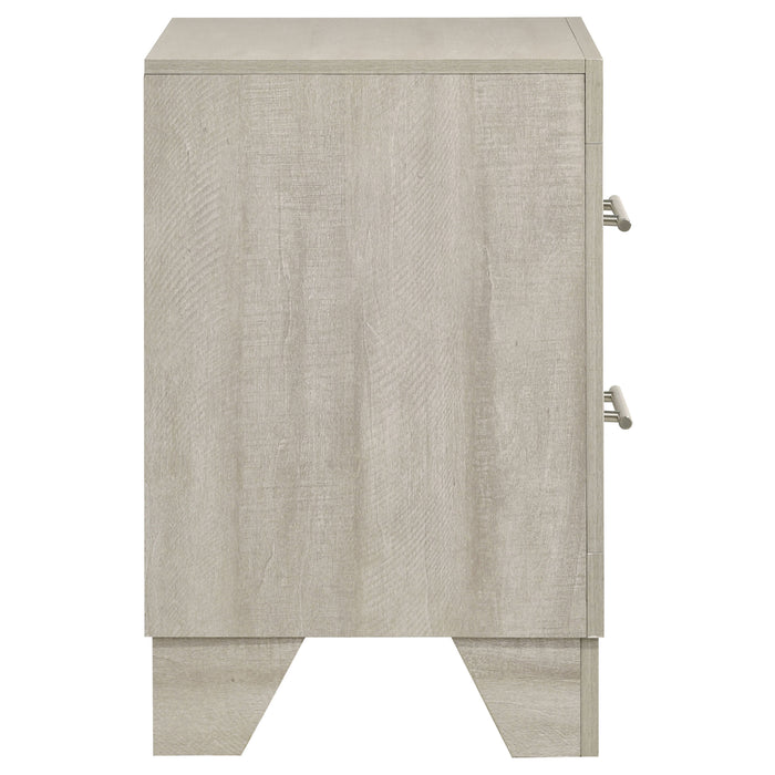 Rustic cream Trenton 2-drawer nightstand by CoasterEveryday, showing a wooden bedside table with metal drawer handles.