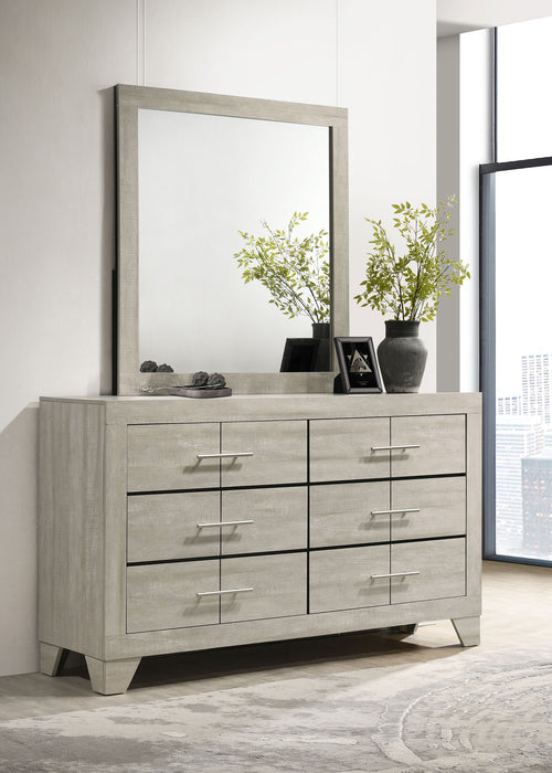Rustic cream CoasterEveryday Trenton 6-drawer bedroom dresser with attached mirror, showcasing wood finish and modern furniture design.