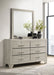Rustic cream CoasterEveryday Trenton 6-drawer bedroom dresser with attached mirror, showcasing wood finish and modern furniture design.