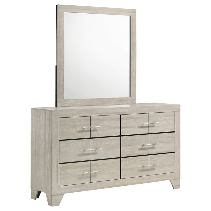 Rustic cream Trenton 6-drawer bedroom dresser with mirror and wooden handles, featuring a classic furniture design.