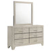 Rustic cream Trenton 6-drawer bedroom dresser with mirror and wooden handles, featuring a classic furniture design.