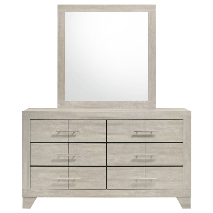 Rustic cream CoasterEveryday Trenton 6-drawer bedroom dresser with attached mirror and wood finish, showcasing a modern bedroom furniture piece.