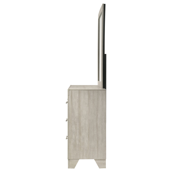 Rustic cream CoasterEveryday Trenton 6-drawer bedroom dresser with attached mirror and wood finish, showcasing spacious storage and elegant design.