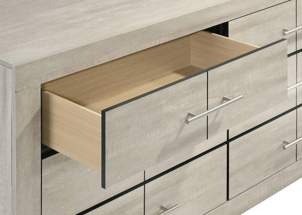 Rustic cream CoasterEveryday Trenton 6-drawer bedroom dresser with attached mirror and sleek wooden handles.