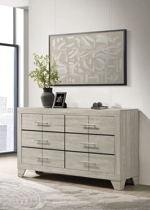 Rustic cream CoasterEveryday Trenton 6-drawer bedroom dresser with wooden knobs, showcasing its spacious storage and classic design.