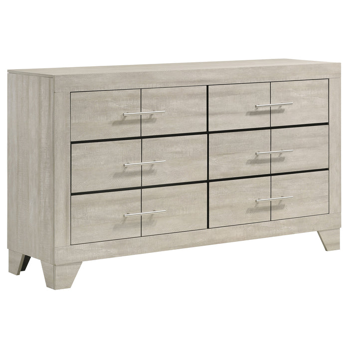 Rustic cream CoasterEveryday Trenton 6-drawer bedroom dresser with sleek handles and wooden finish, ideal for modern bedroom storage.