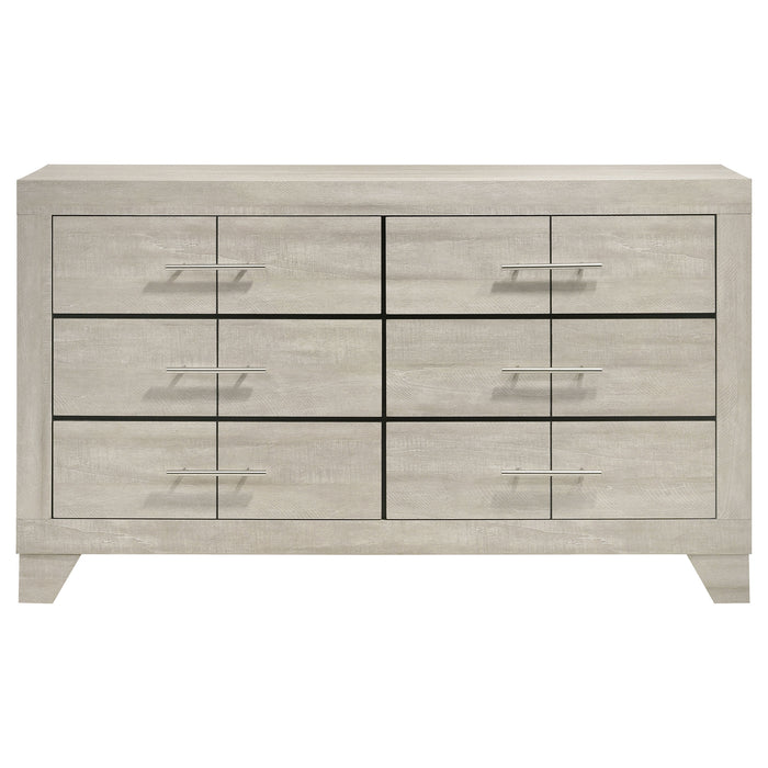 Rustic cream Trenton 6-drawer bedroom dresser by CoasterEveryday showing wooden handles and sturdy wood construction.