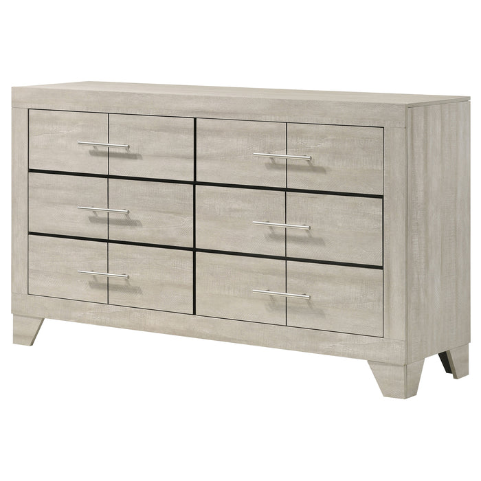 Rustic cream CoasterEveryday Trenton 6-drawer bedroom dresser with metal handles and wood grain finish, showcasing its spacious design.
