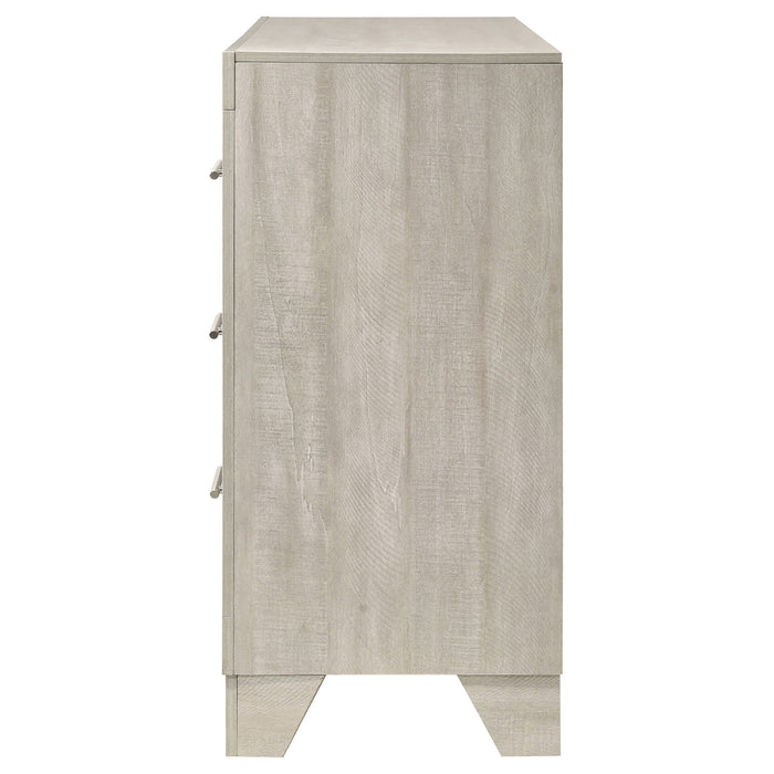 Rustic cream CoasterEveryday Trenton 6-drawer bedroom dresser with wooden handles and a sturdy wooden frame.