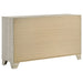 Rustic cream CoasterEveryday Trenton 6-drawer bedroom dresser with black metal handles and wood grain finish.