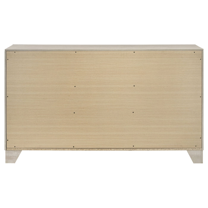 Rustic cream CoasterEveryday Trenton 6-drawer bedroom dresser with black metal handles and wood grain finish.
