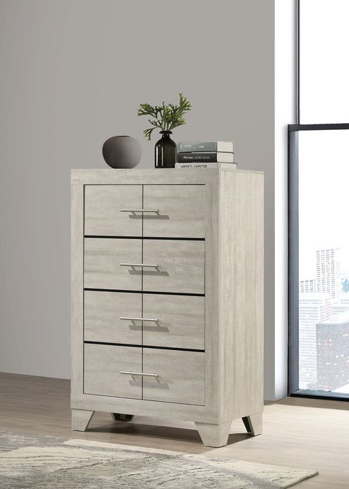 Rustic cream CoasterEveryday Trenton 4-drawer bedroom chest of drawers with wood finish and metal handles.