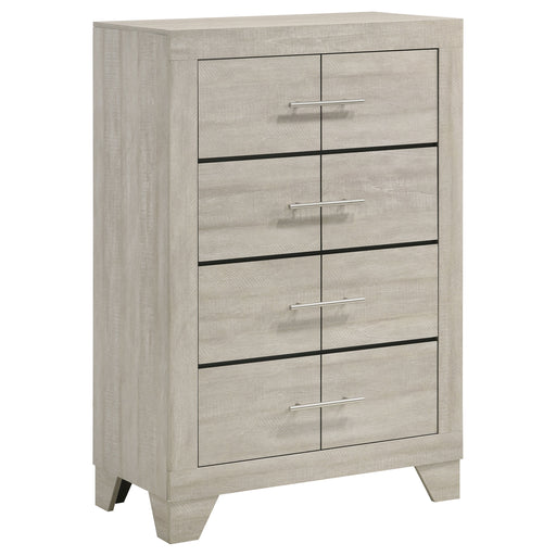 Rustic cream Trenton 4-drawer bedroom chest of drawers by CoasterEveryday, showing the wooden furniture with metal handles.