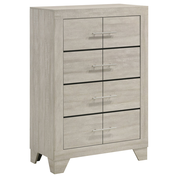 Rustic cream Trenton 4-drawer bedroom chest of drawers by CoasterEveryday, showing the wooden furniture with metal handles.