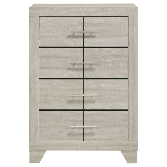 Rustic cream CoasterEveryday Trenton 4-drawer bedroom chest of drawers with wood finish and metal handles, showcasing storage and style.