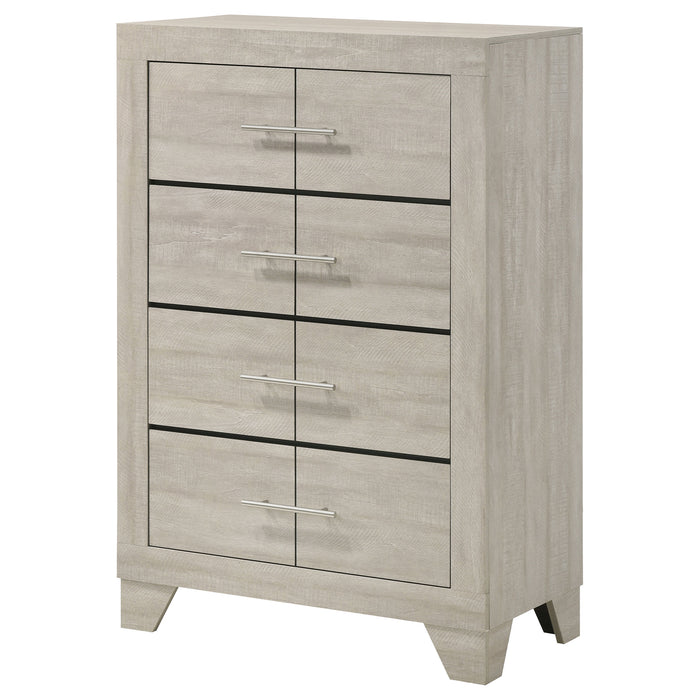 Rustic cream CoasterEveryday Trenton 4-drawer bedroom chest of drawers showing wooden texture and modern design.