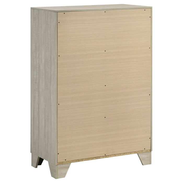 Rustic cream CoasterEveryday Trenton 4-drawer bedroom chest of drawers with wood grain finish and metal handles.