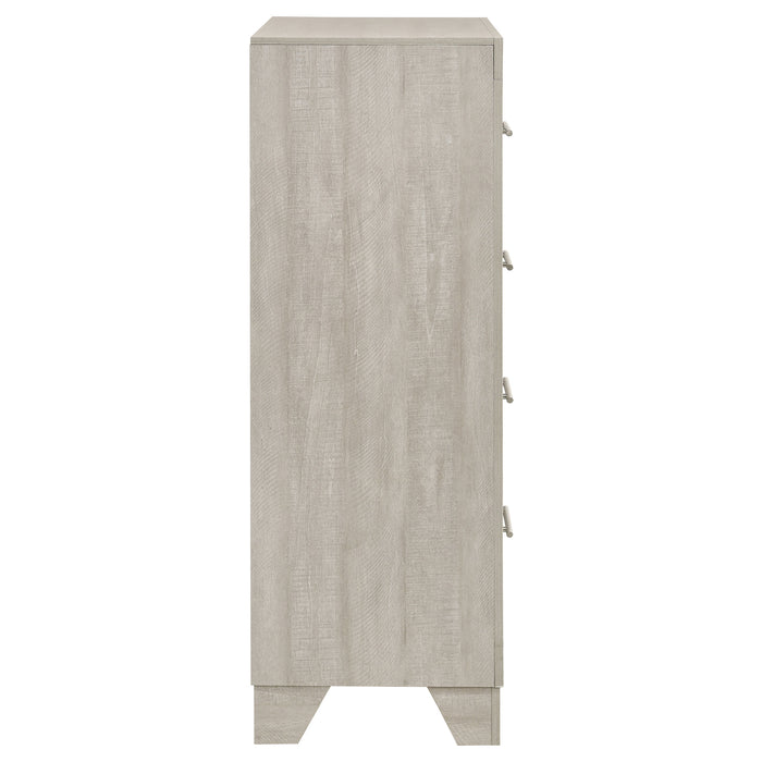 Rustic cream Trenton 4-drawer bedroom chest of drawers by CoasterEveryday, showcasing its wooden finish and sturdy structure.